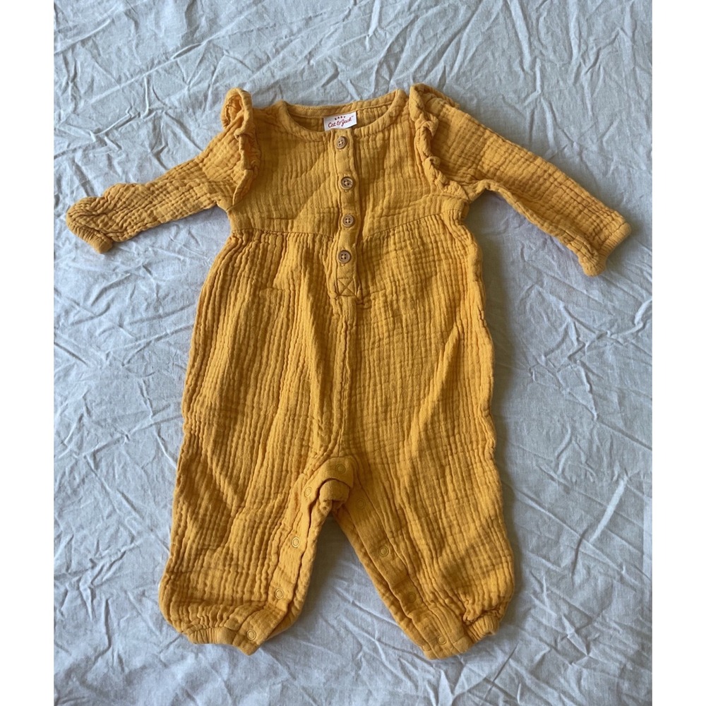 Cat & Jack Baby Girl Mustard Yellow Muslin Romper Ruffle Shoulder 3-6M